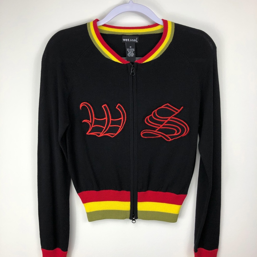 Wet seal zip up cropped logo sweater jacket Sz M